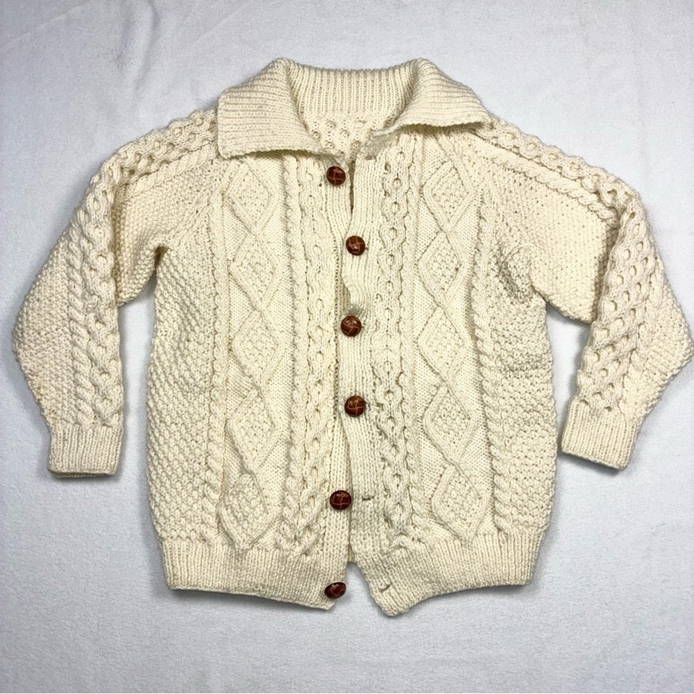 Vintage Hand-Knit Wool Cardigan Ivory XS Boyfriend Fisherman Aran Buttons